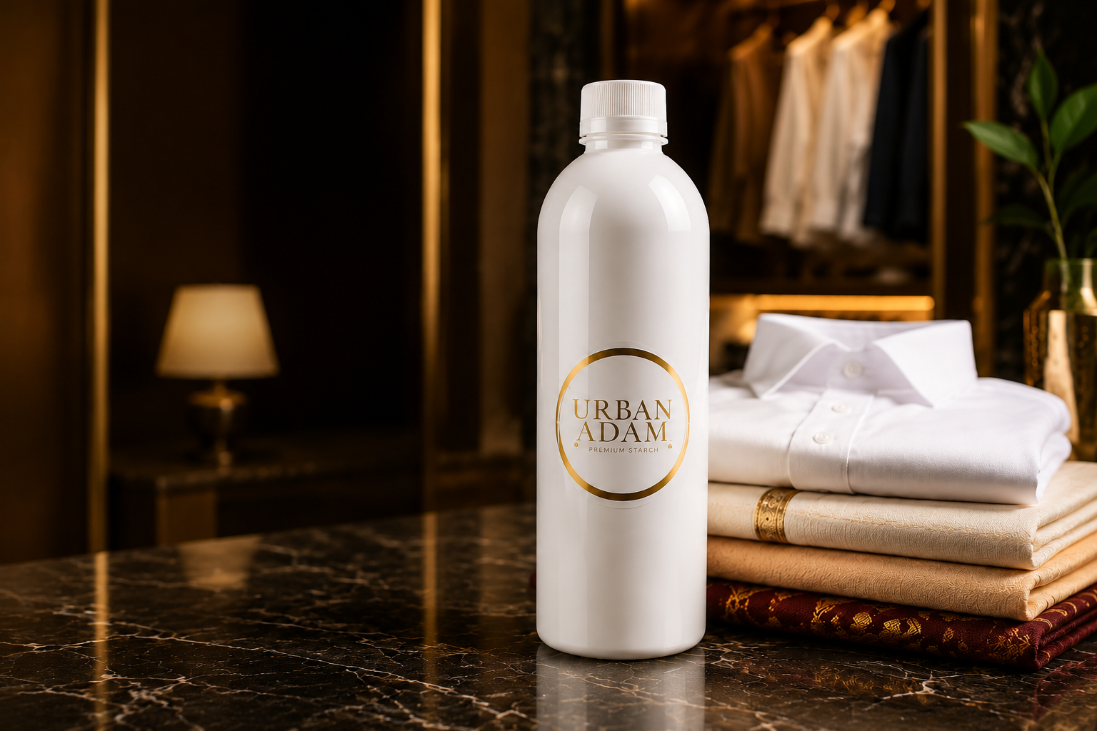 Urban Adam Premium Starch bottle on black marble beside folded white shirts and traditional garments in a luxury wardrobe