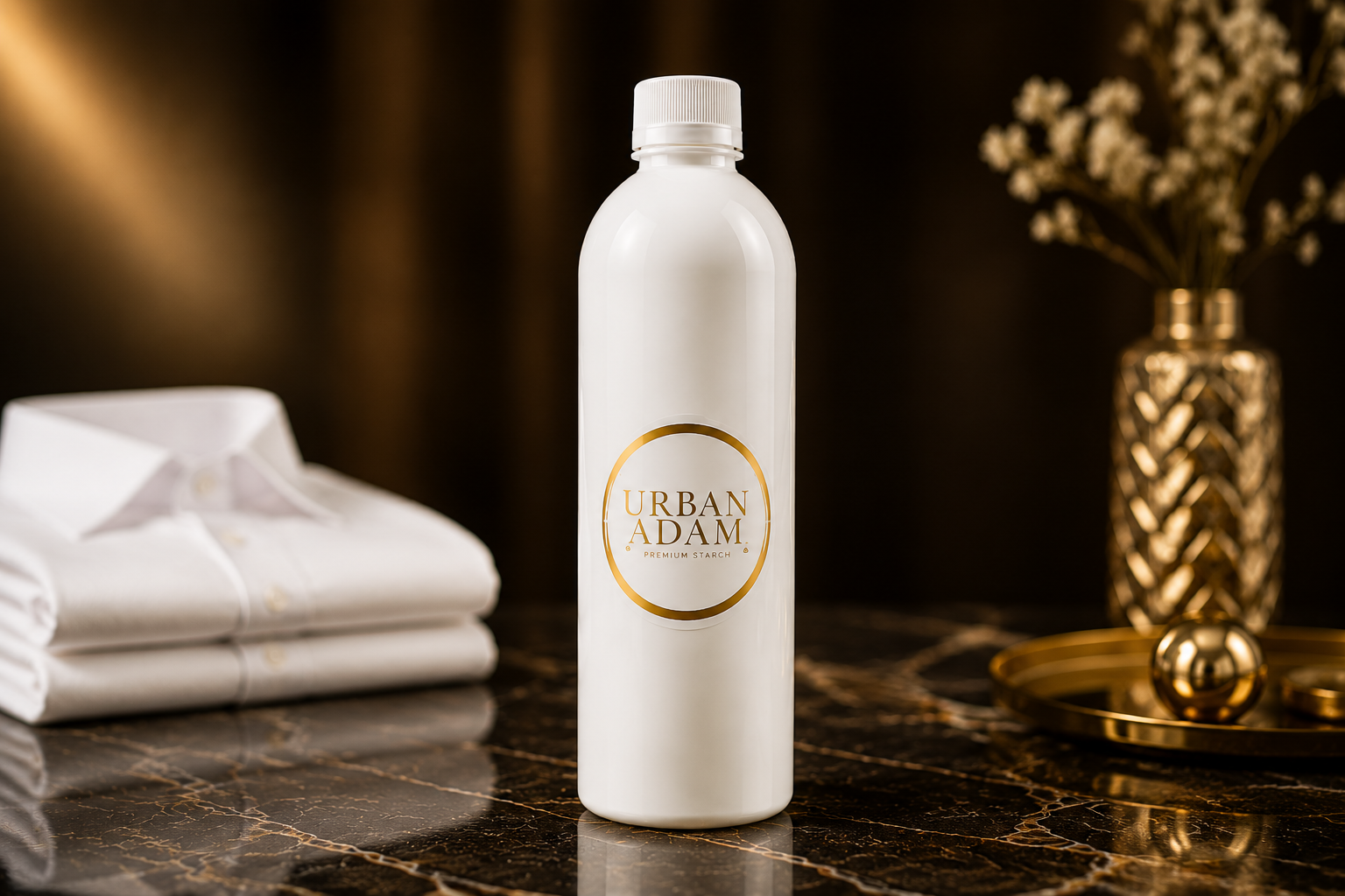 Urban Adam Premium Starch bottle on black marble beside folded white shirts