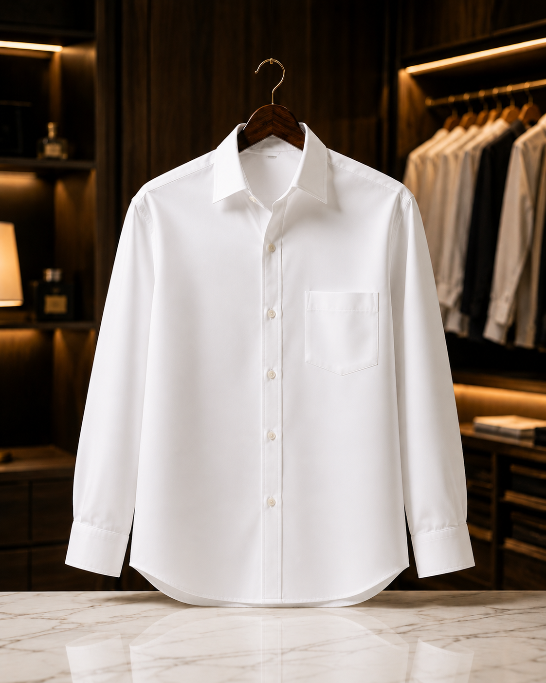 Crisp, freshly starched white shirt finished with Urban Adam Premium Starch